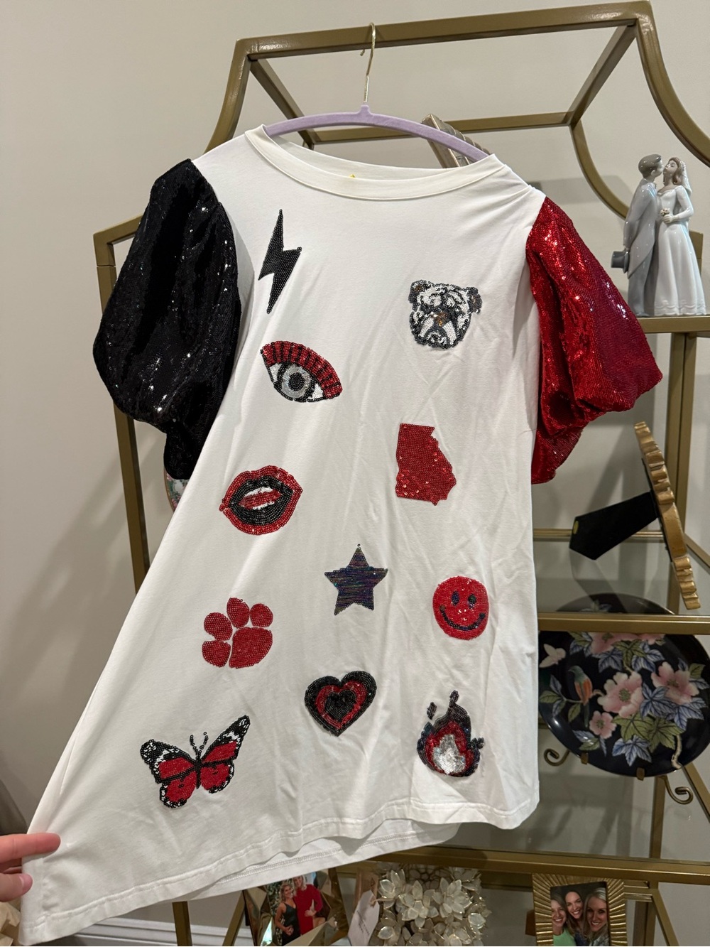 Sequin Sleeve Graphic Tee Dress - White with Red & Black